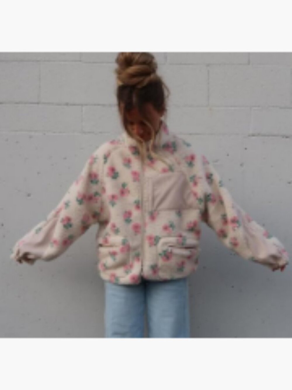 Women's Winter Casual Spliced Floral Fleece Jacket Fuzzy Oversized Faux Fur - Picture 3 of 7